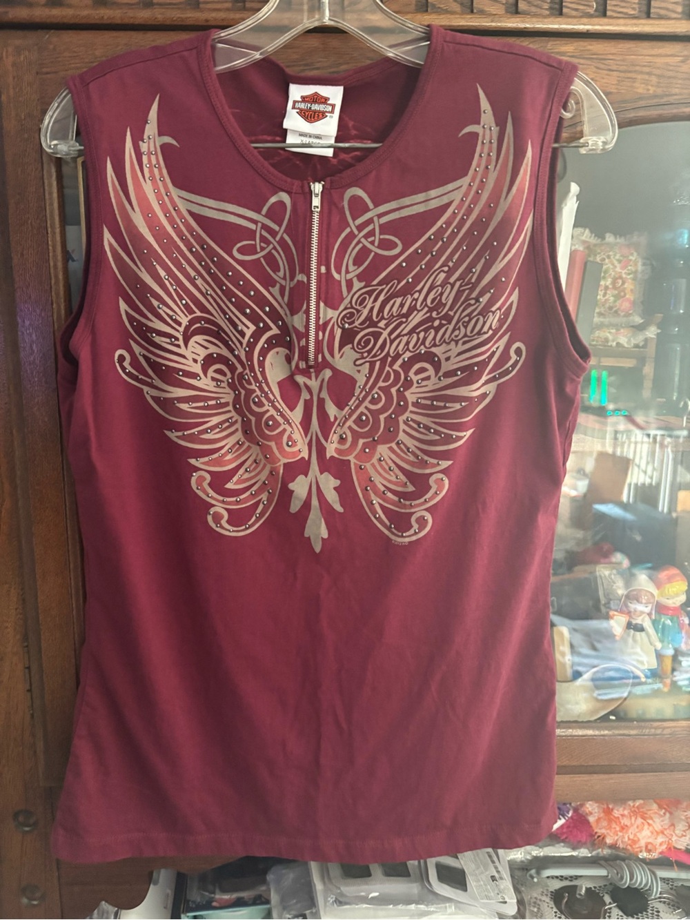 Harley-Davidson Women's Maroon Sleeveless Zip-Front Wing Graphic Tank